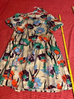 Jade Cream Floral Satin Mini Dress with Green, Blue & Orange Blooms